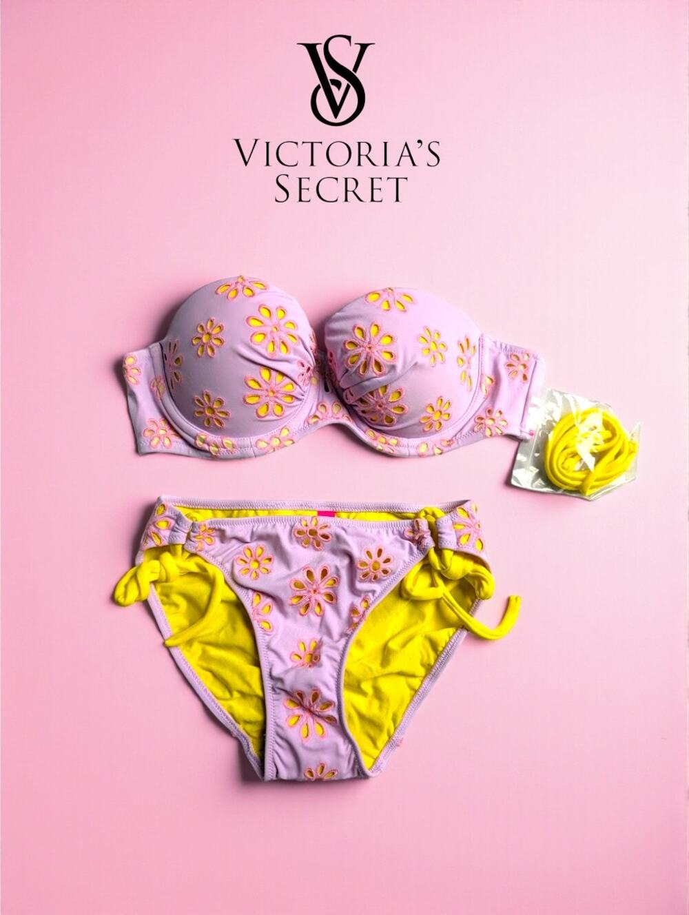 NWT Victoria’s Secret Bikini Set 34A/XS Lilac Eyelet Lace Yellow Convertible